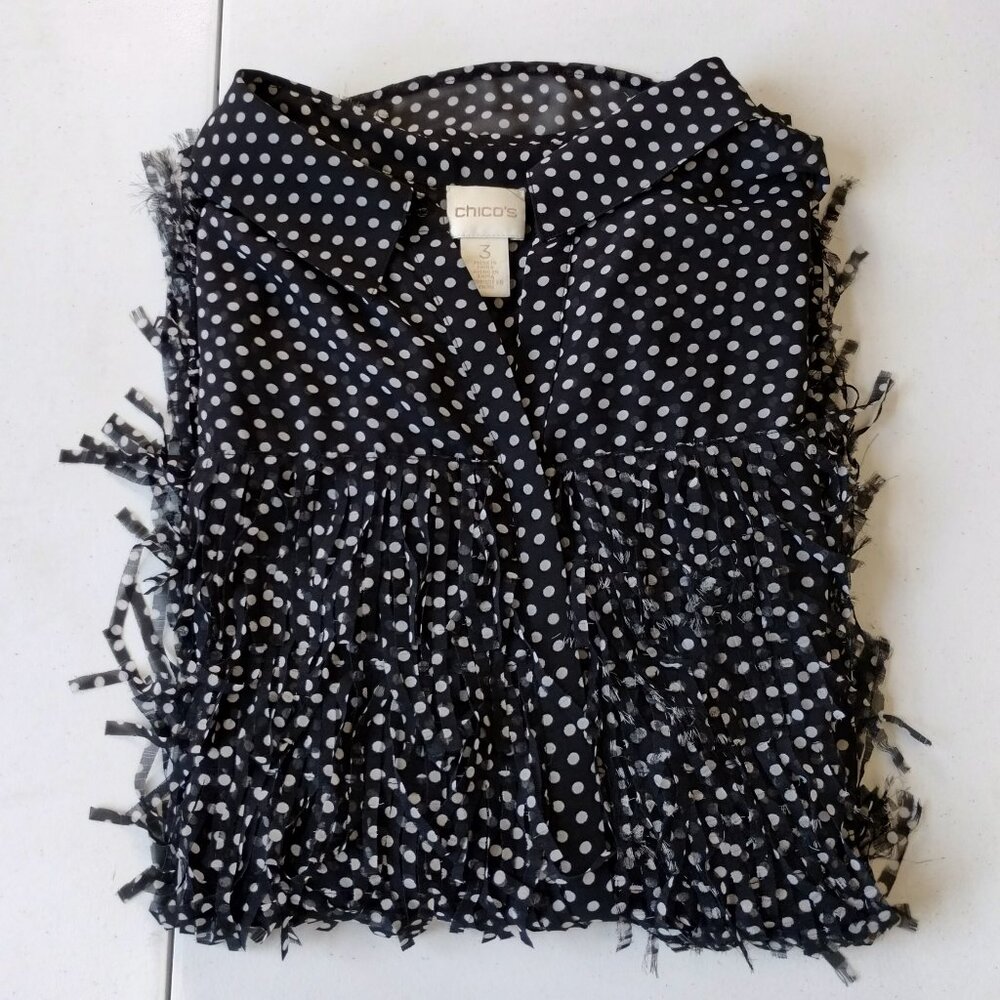 Chico's Black and White Fringe Front Polka Dot Button Down Blouse Size 3/XL - Picture 5 of 10